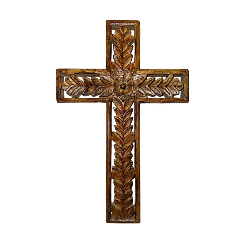 15" x 9" Leaf Carved Wood Cross