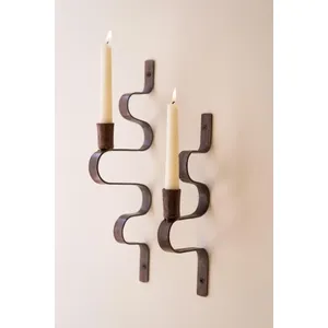 Set of 2 Forged-Iron Wavy Metal Taper Candle Wall Sconces 8