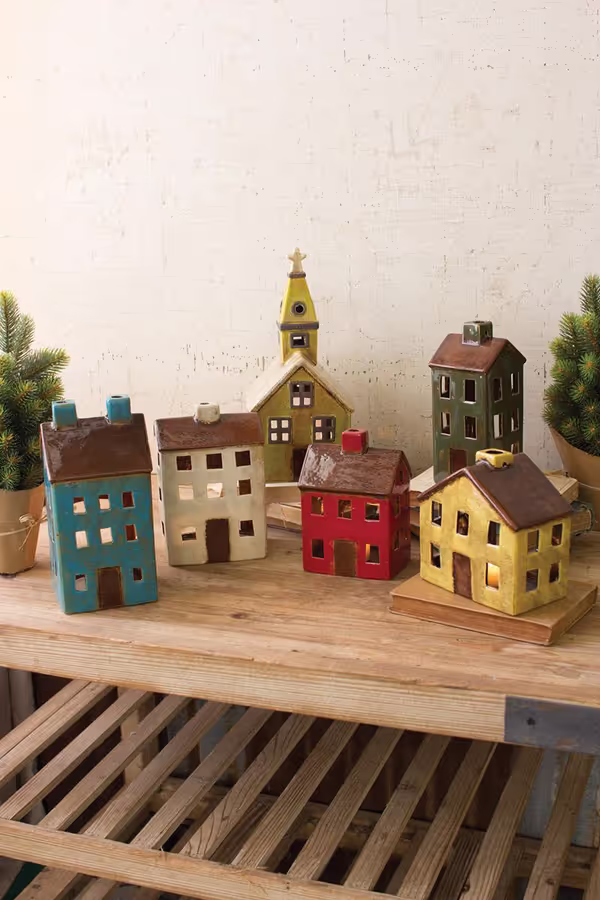 Set of 6 Colorful Ceramic Village Luminaries