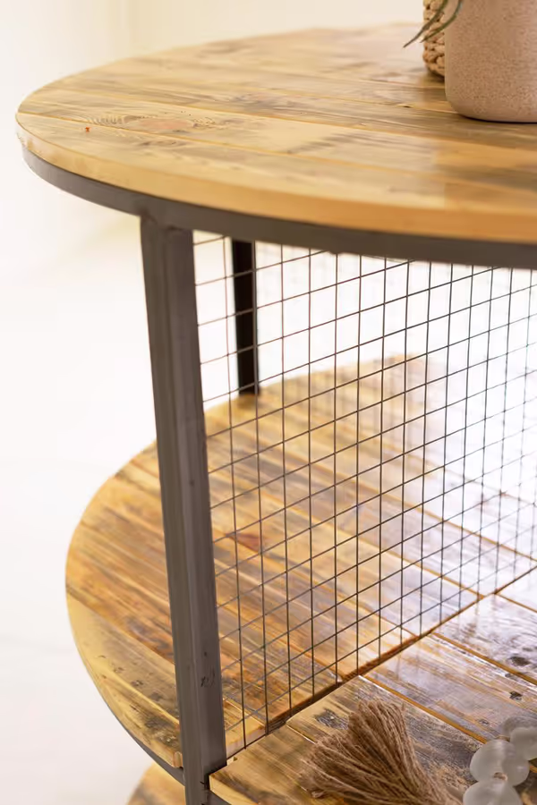 Round Iron and Wood Three-Tiered Display Unit