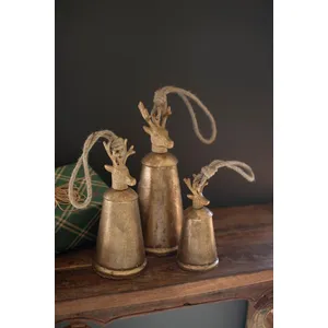 Set of 3 Antique Gold Metal Christmas Bells with Deer Finials 1