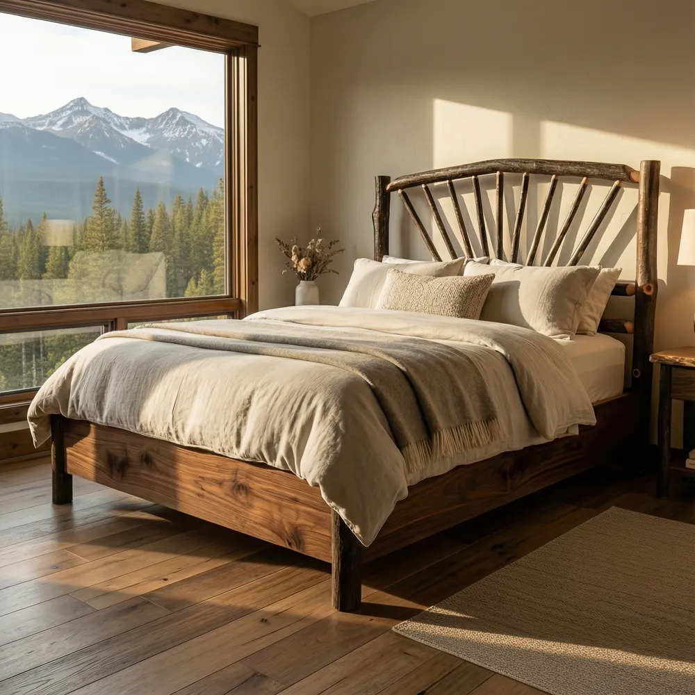 Hickory Log Sunburst Bed with Rail System - Cal King - Cinnamon