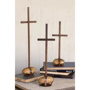 Set of 3 Scrap Metal Crosses with Caged Rock Bases 1