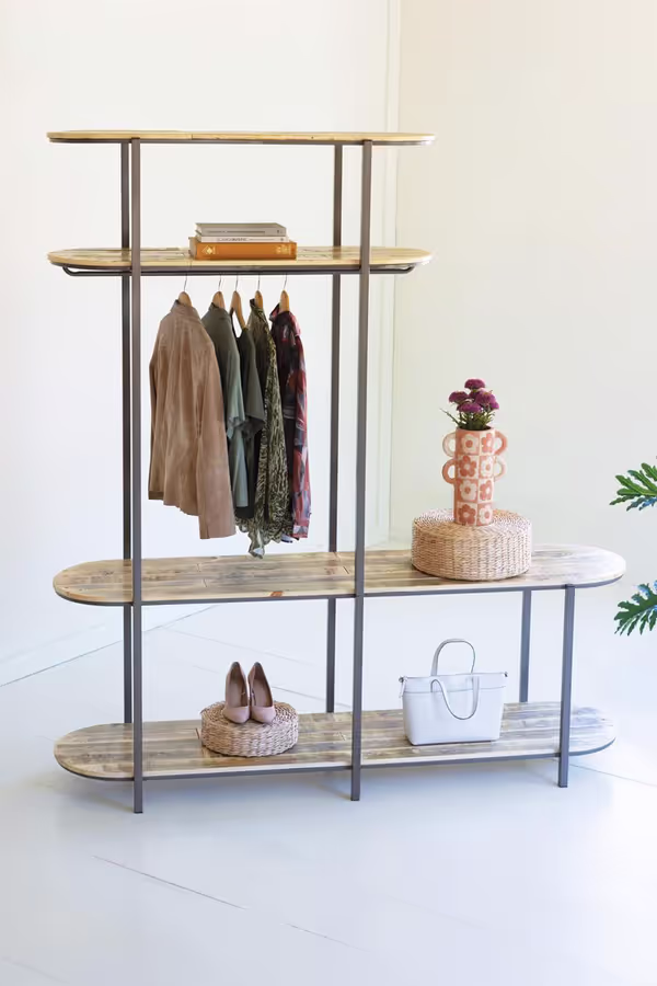Tall Asymmetrical Iron and Recycled Wood Garment Display