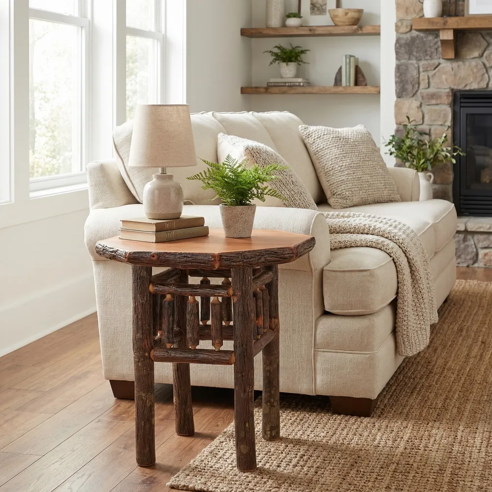Hickory Log Octagon End Table - Cinnamon