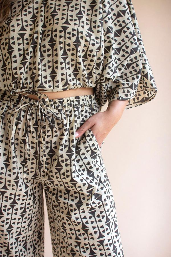 Printed V-Neck Blouse and Drawstring Pant Set