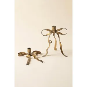 Set of 2 Antique Brass Bow Taper Candle Holders 5