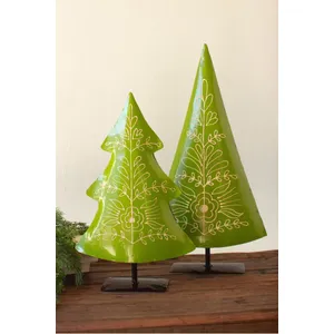 Set of 2 Painted Recycled Metal Folk Christmas Trees 2