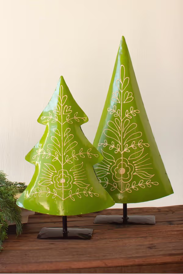 Set of 2 Painted Recycled Metal Folk Christmas Trees