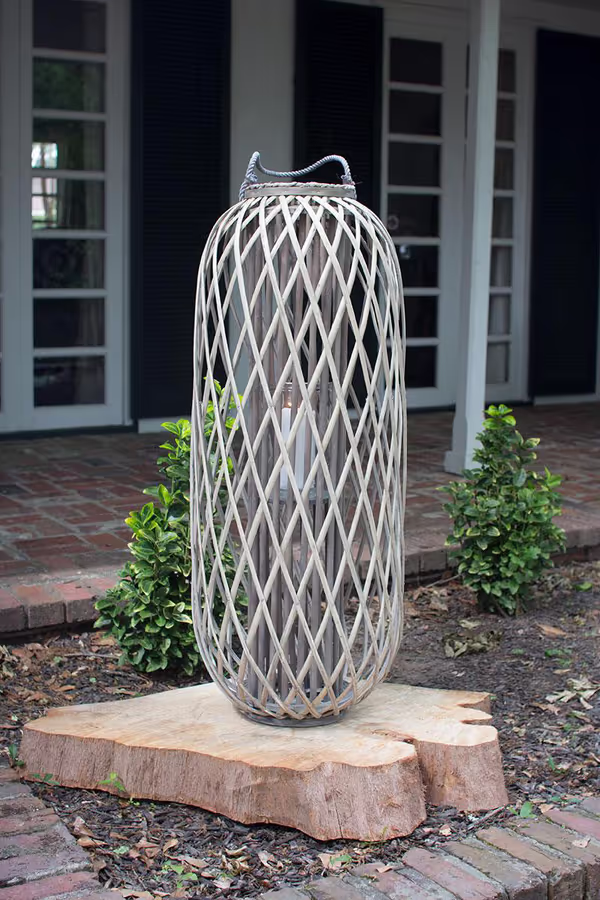Tall Grey Willow Lantern with Glass Insert / Large