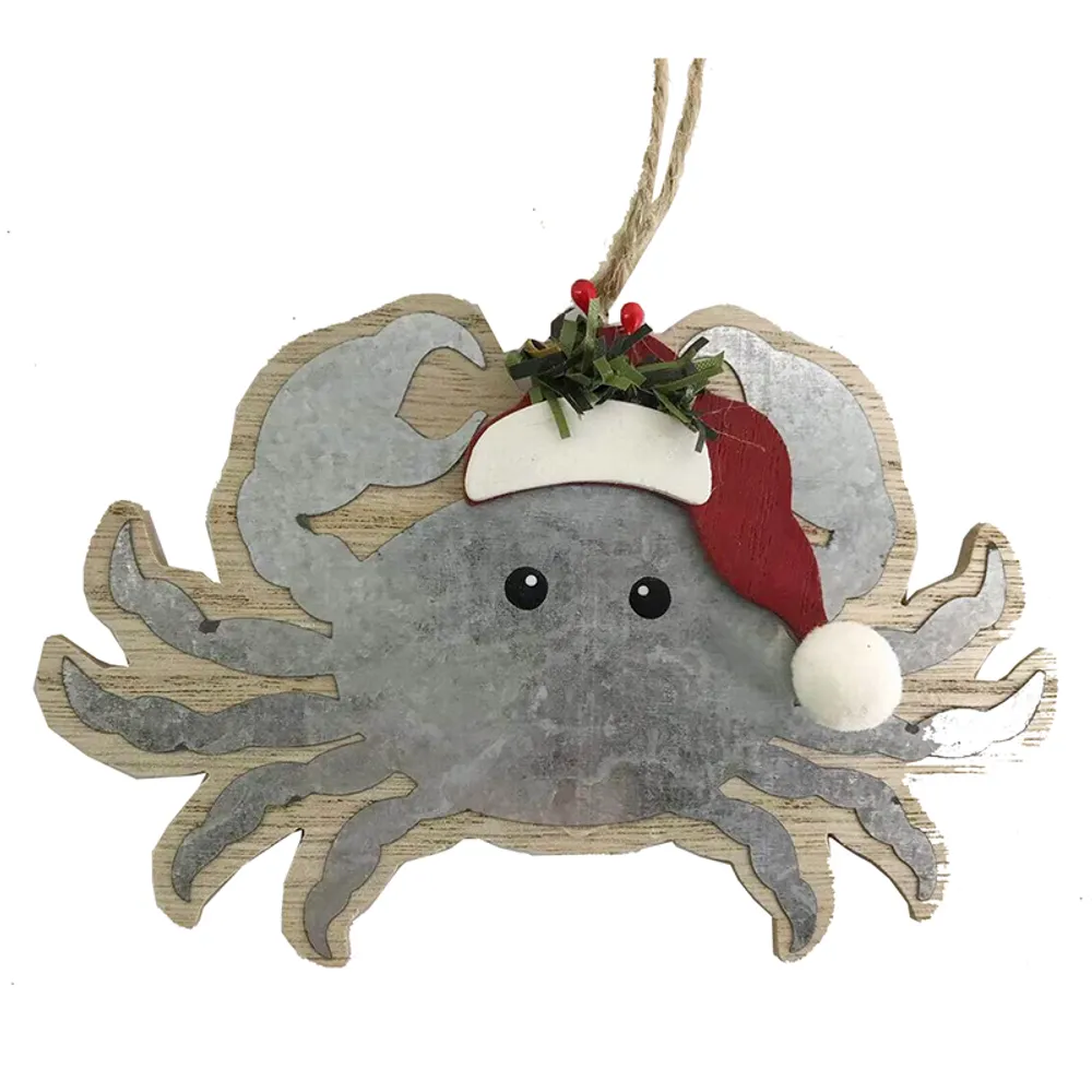 5-3/4" WOODEN CRAB W/SANTA HAT ORNAMENT
