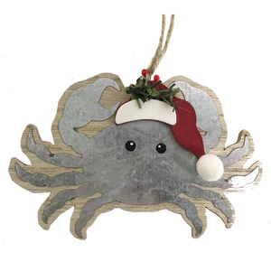 5-3/4" WOODEN CRAB W/SANTA HAT ORNAMENT 1
