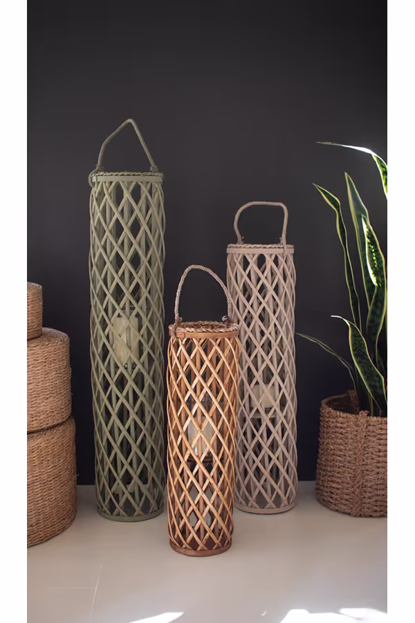 Set of 3 Tall Willow Lanterns with Glass Inserts