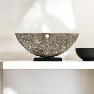 METAL,11",CORRUGATED HALF CIRCLE SCULPTURE,IVORY 9