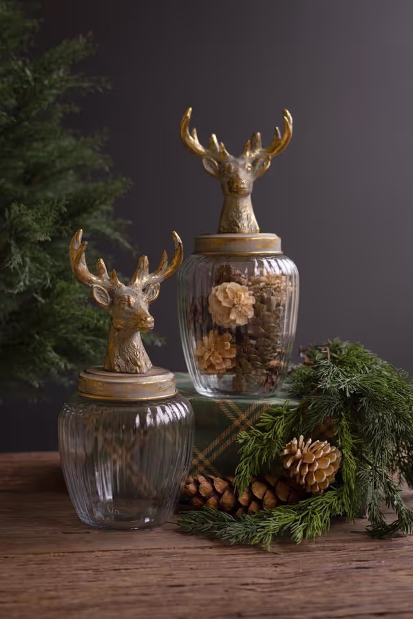Set of 2 Glass Canisters with Reindeer Tops