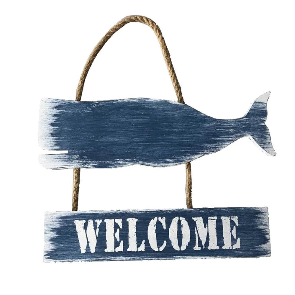 12" WASHED BLUE HANGING WELCOME WHALE