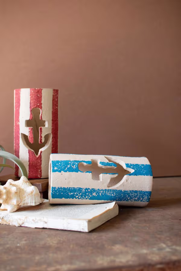 Set of 2 Painted Clay Anchor Luminaries