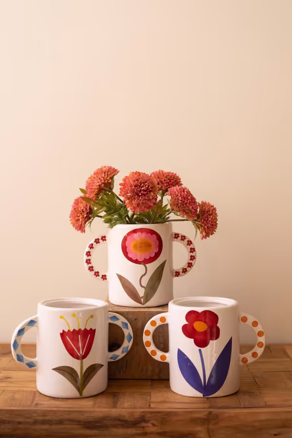 Set of 3 Ceramic Double Handle Vases with Flower Detail