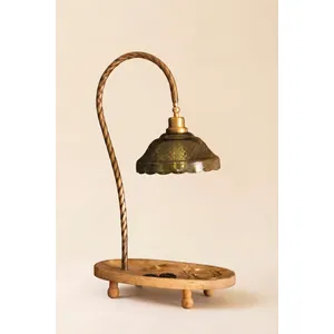 Gooseneck Table Lamp with Wooden Tray Base and Green Glass Shade 3