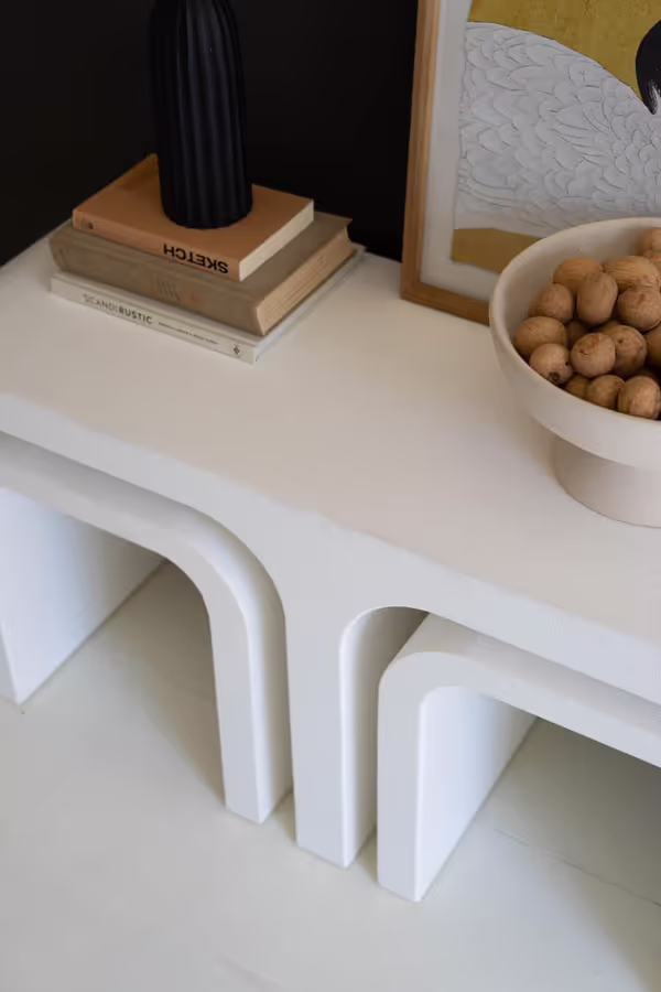 Textured White Wood Rectangle Coffee Table with Nesting Accent Tables