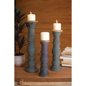 Set 3 Wooden Candle Holders Wrapped with Black & White String 5