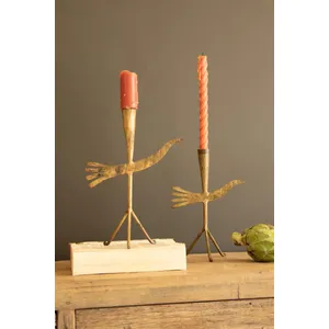 Set of 2 Forged-Iron Antique Gold Bird Taper Candle Holders 1