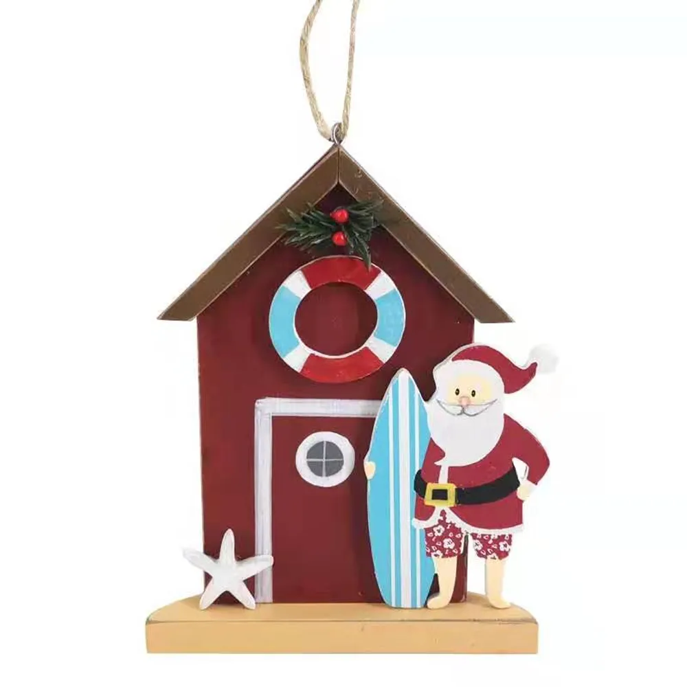 5" WOODEN BEACH HOUSE W/SANTA ORNAMENT