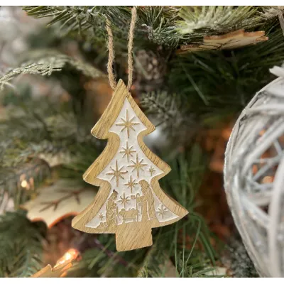 Wooden Nativity Tree Ornament Set of 6  4x2.5in