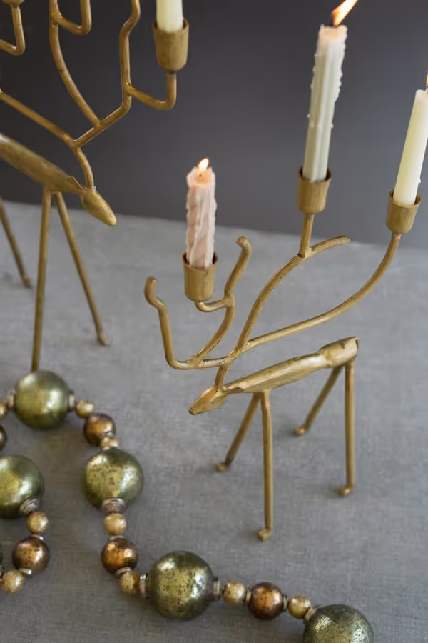 Set of 2 Antique Gold Forged Iron Christmas Deer Candelabras