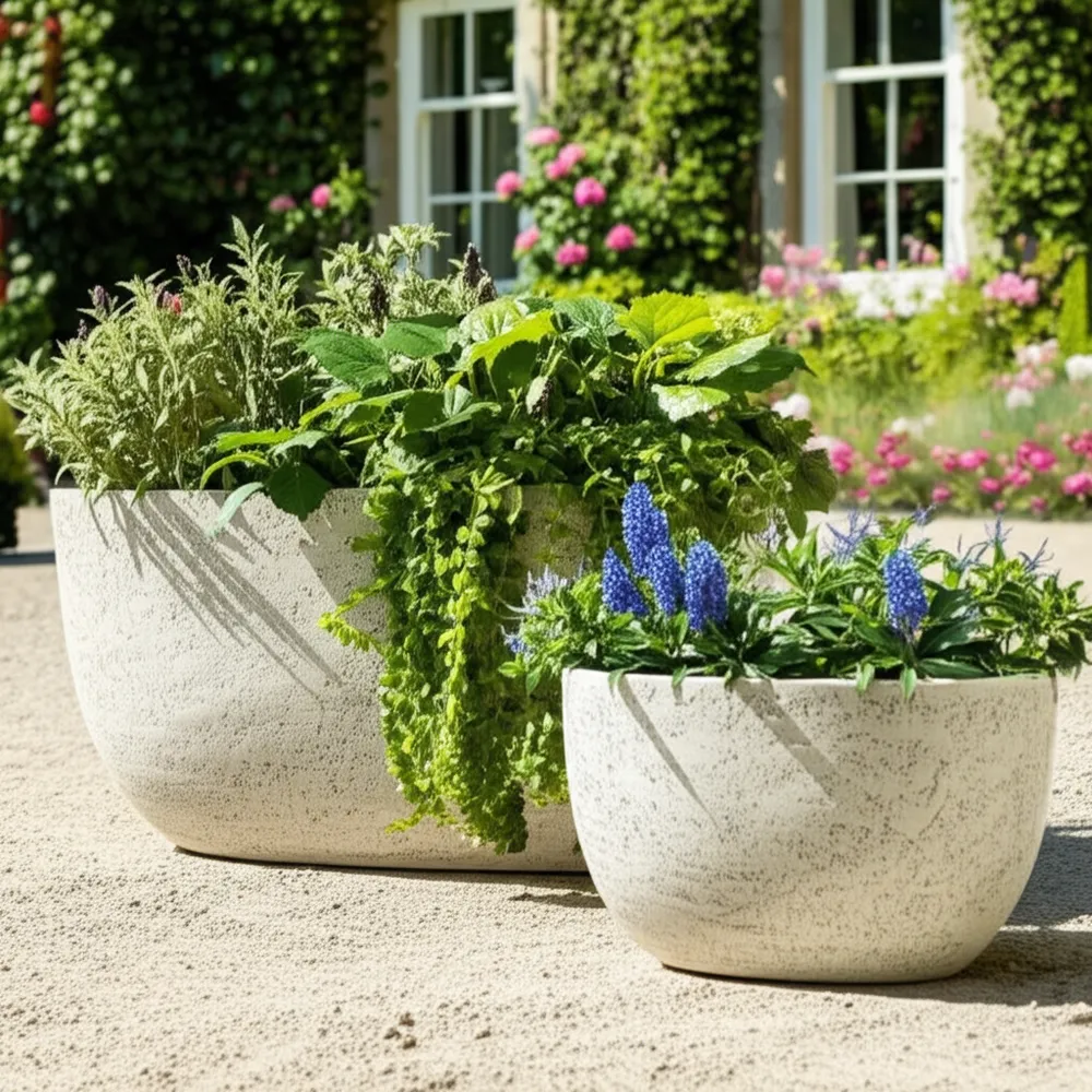 S/2 18/22" OBLONG CEMENT TEXTURE RESIN PLANTERS