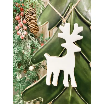 Wooden Hanging Reindeer w/ White Enamel 4.25x6in