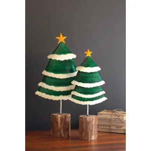 Set of 2 Painted Green and White Metal Christmas Trees on Wooden Bases 5