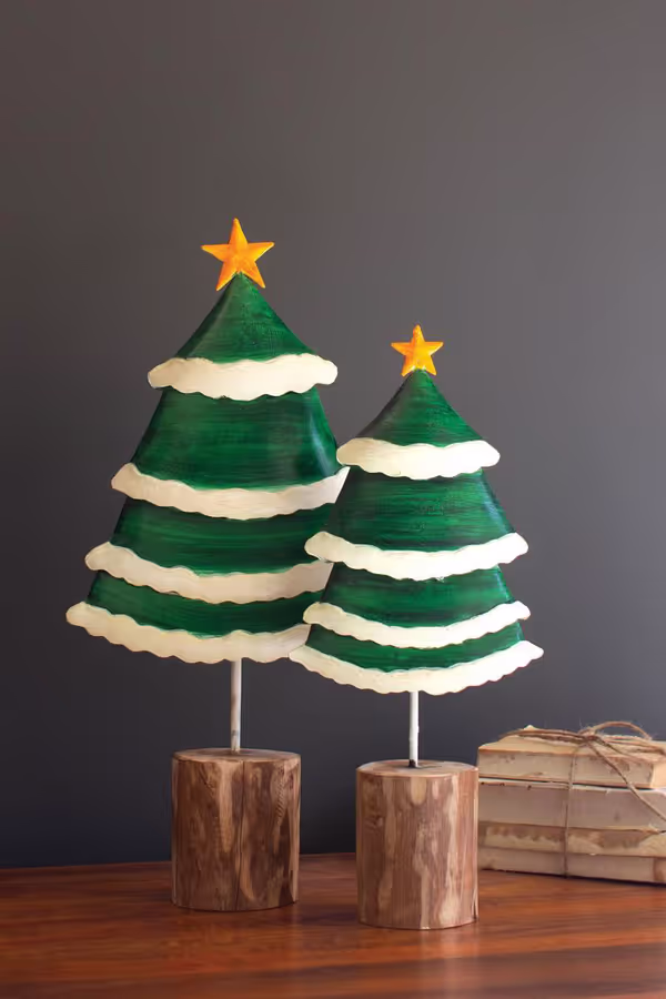 Set of 2 Painted Green and White Metal Christmas Trees on Wooden Bases