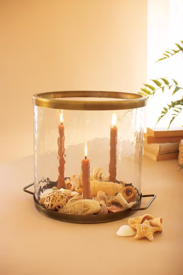 Glass Cylinder with Antique Brass Taper Candle Holder