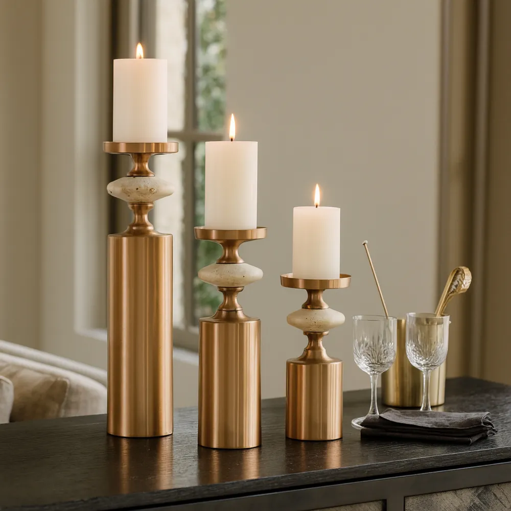 HAMPTONMILL SET OF 3 GOLD CANDLE HOLDER 16 (IN)