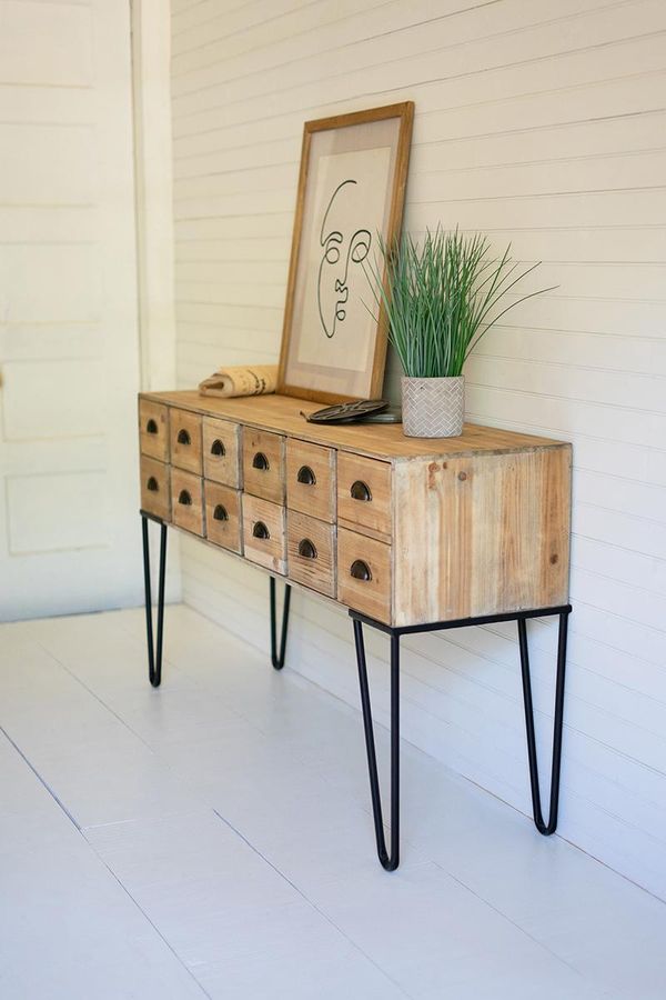 Wooden Console with 12 Drawers and Iron Legs