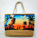 TOTE W ROPE HANDLE & JUTE - SUNSET PALM TREES 1