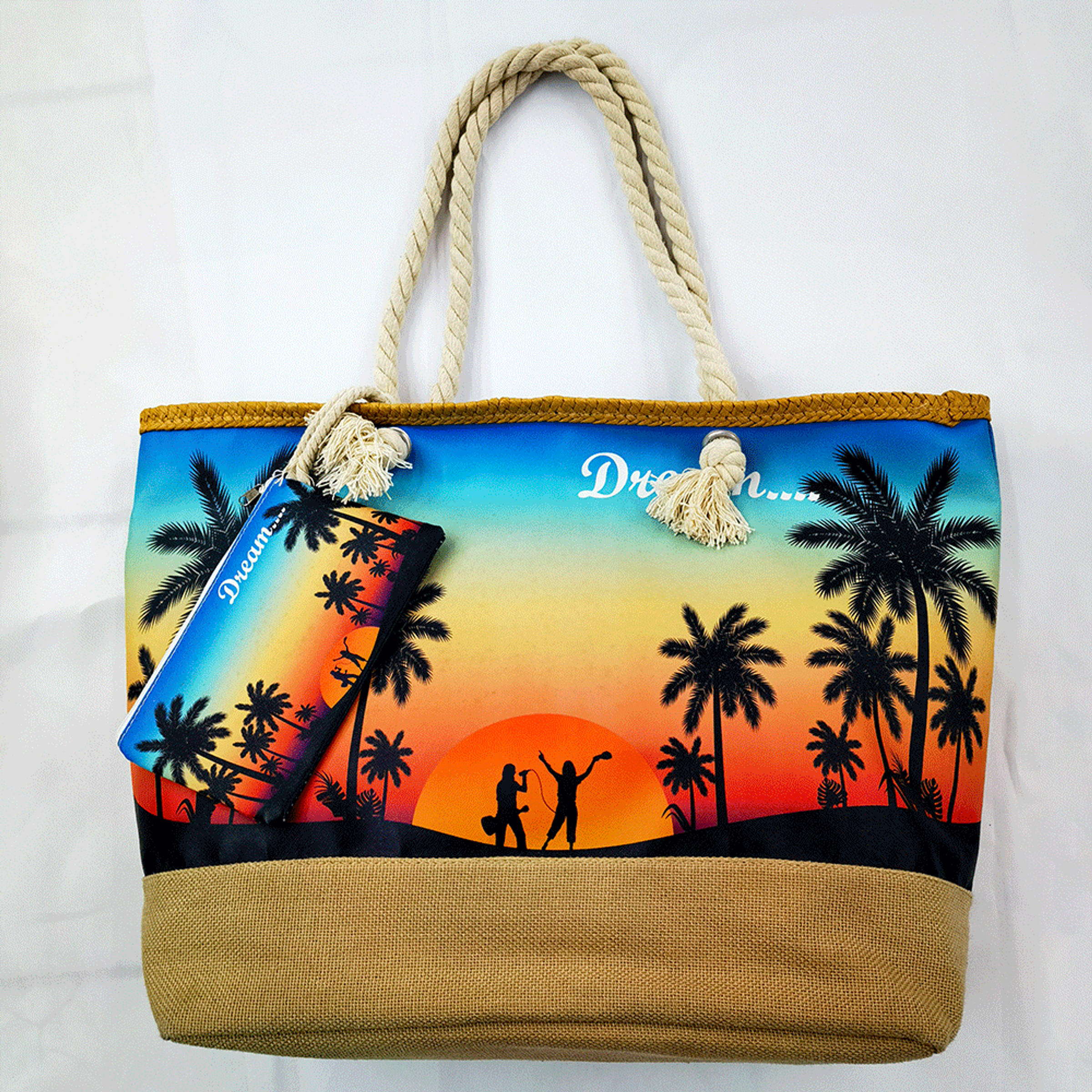 TOTE W ROPE HANDLE & JUTE - SUNSET PALM TREES