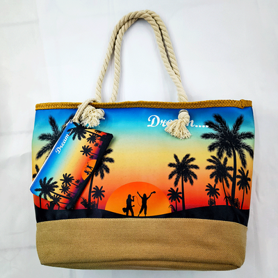 TOTE W ROPE HANDLE & JUTE - SUNSET PALM TREES