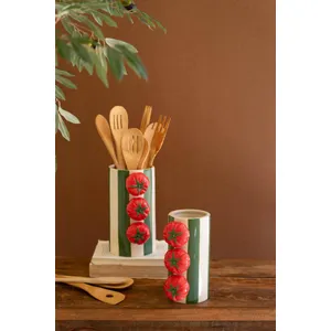 Set of 2 Ceramic Green Striped Vases with Tomatoes 1