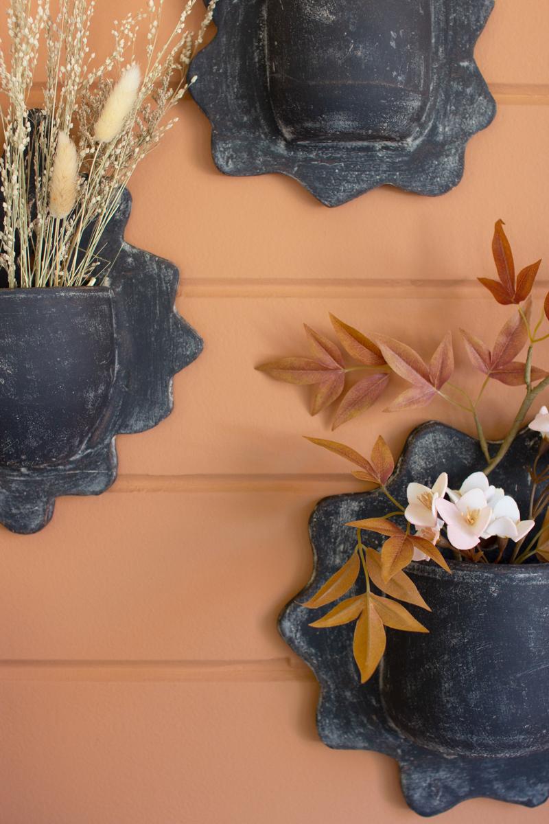Wavy Black Clay Wall Planters - Set of Three