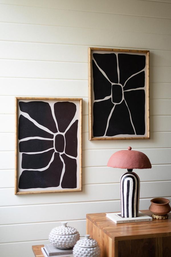 Set of 2 Black and White Framed Abstract Prints Under Glass