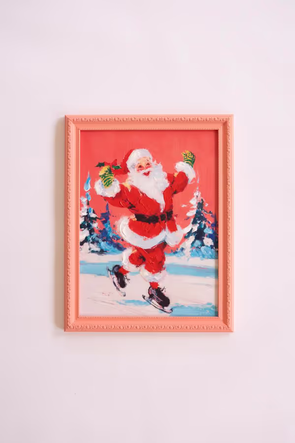 Framed Ice Skating Santa Painting