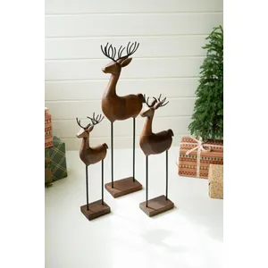 Set of 3 Carved Wood and Iron Reindeer on Bases 1