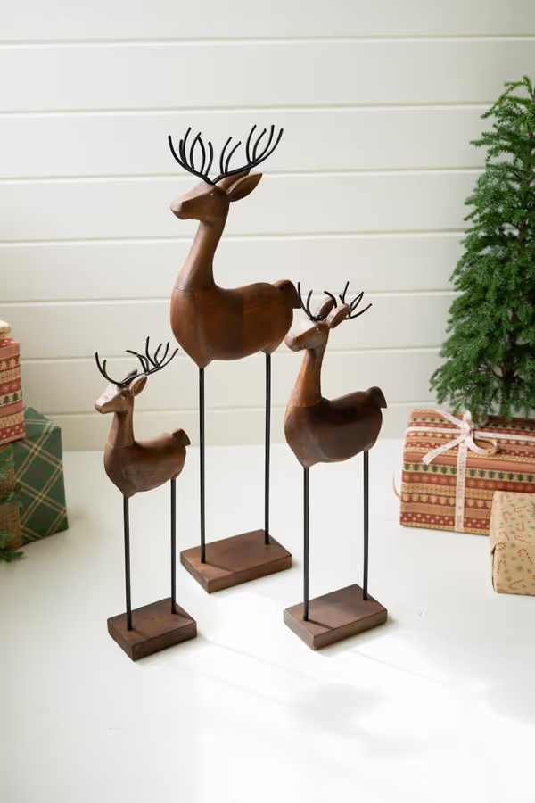 Set of 3 Carved Wood and Iron Reindeer on Bases