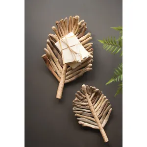 Set of 2 Driftwood Leaf Trays with Abaca Detail 1
