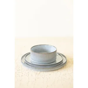 Set of 3 Blue Ceramic Dinner Plate, Salad Plate and Bowl with Ridges 1