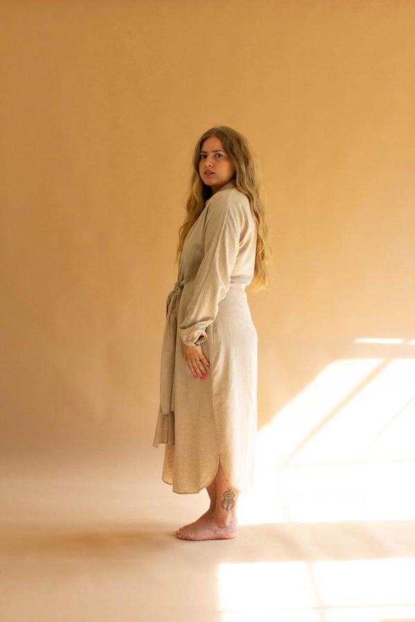 Long-Sleeve Button-Front Dress with Front-Tie Detail / Oatmeal