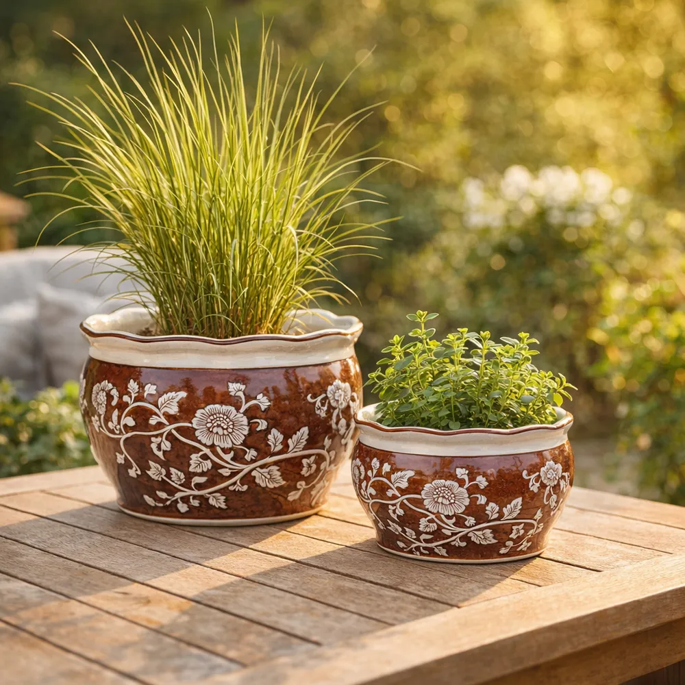 HENLEYDALE SET OF 2 BROWN PLANTER 8 (IN)