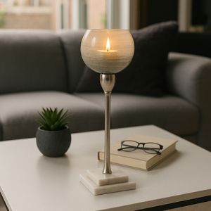 GLASS, 17" VOTIVE HOLDER W MARBLE STAND, SAGE/SILV 10